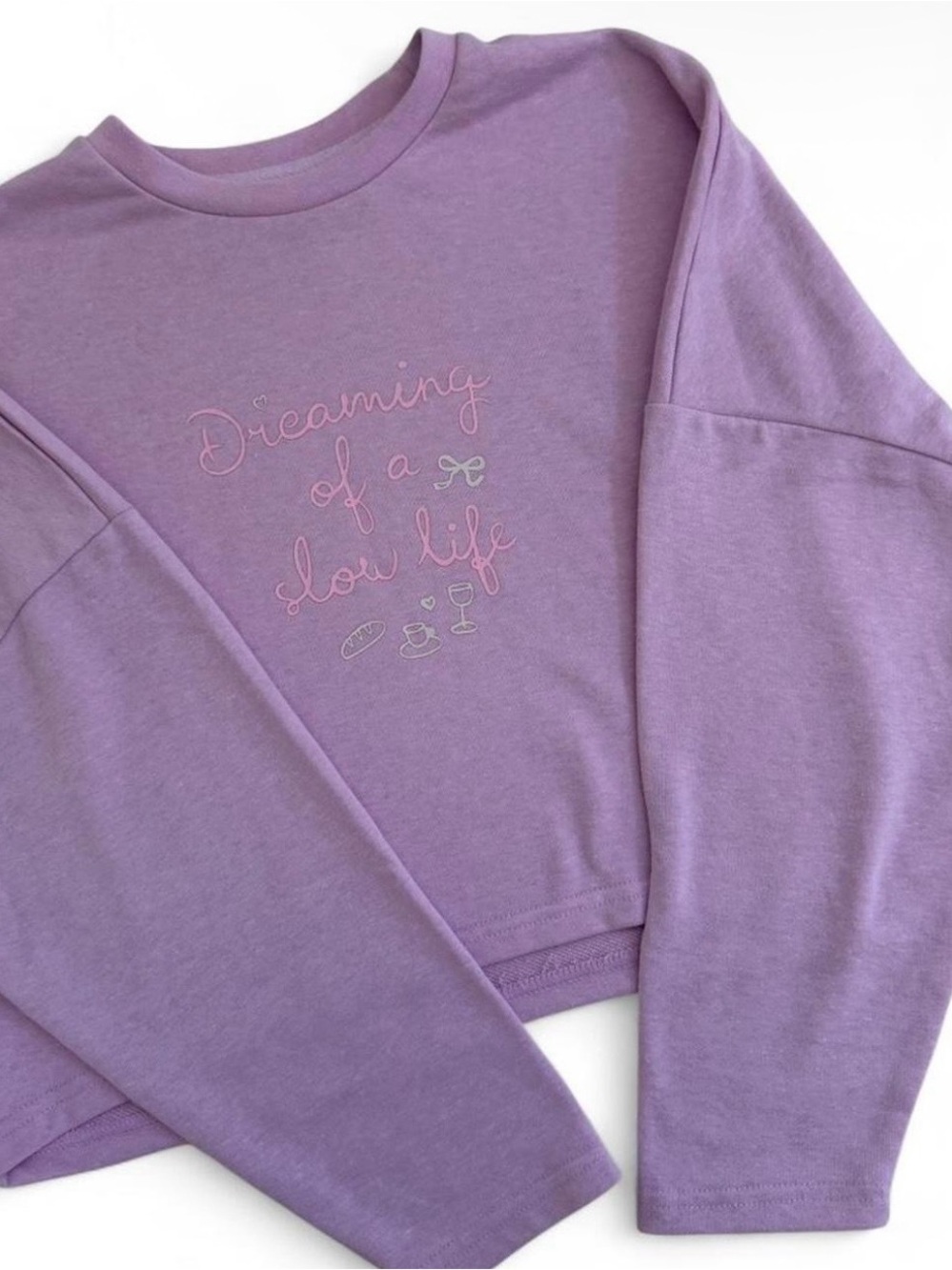 Bench Lavender Crewneck Crop Sweatshirt with Pink Script